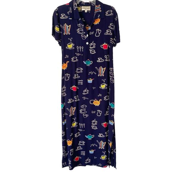 David Dart Vintage Teapot Teacup Coffee Navy Blue Midi Dress Down Size XS - Picture 1 of 8